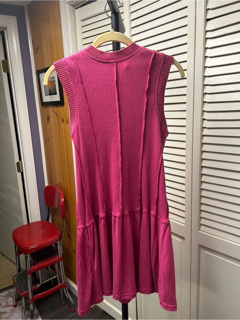 Nwot buzzer beater Sleeveless Ribbed Drop-Waist Mini Dress in Bright Pink - Picture 8 of 8